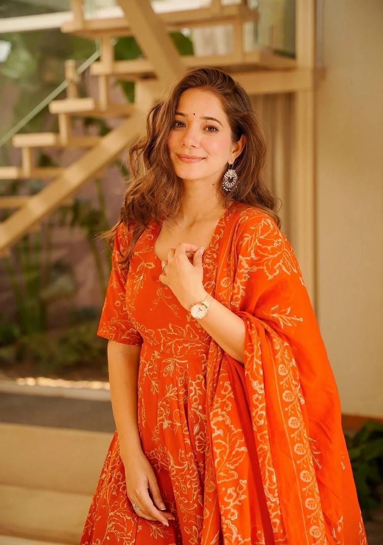Orange Printed Muslin Kurta Set - Indya