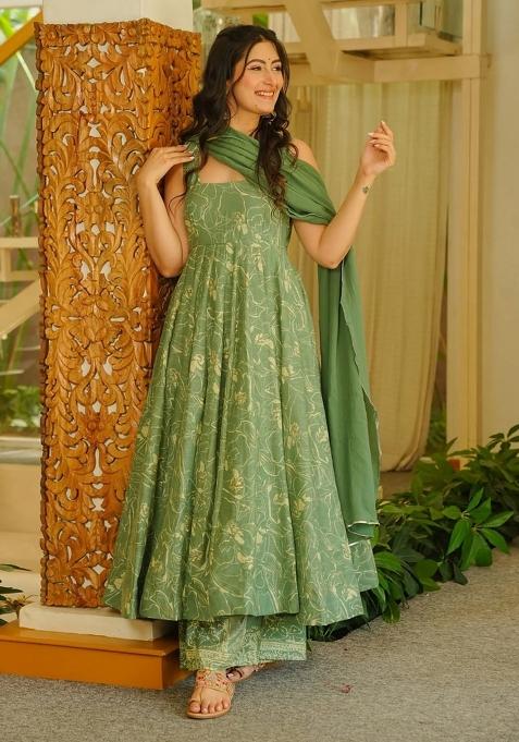Green Printed Muslin Kurta Set