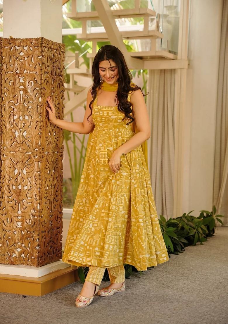 Yellow Printed Muslin Kurta Set - Indya