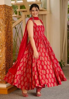 Red Printed Muslin Kurta Set