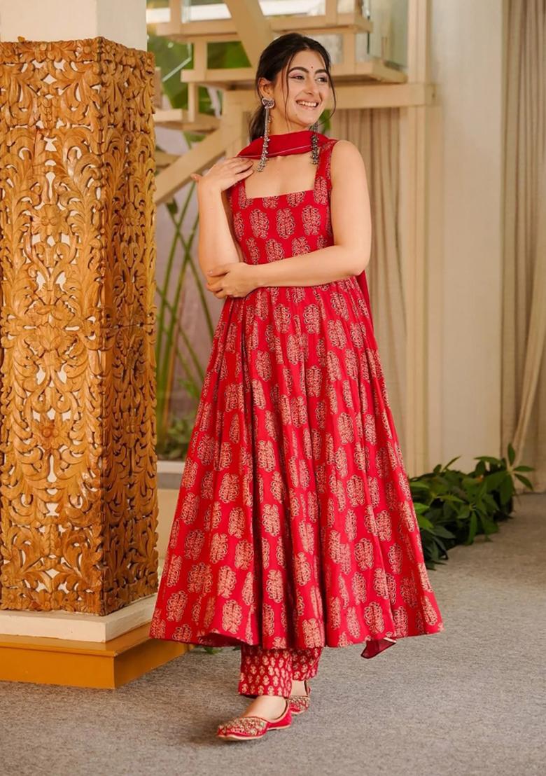 Red Printed Muslin Kurta Set - Indya