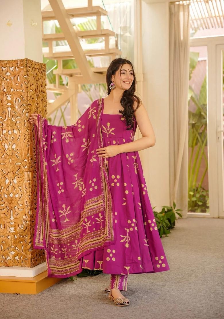 Purple Printed Muslin Kurta Set - Indya