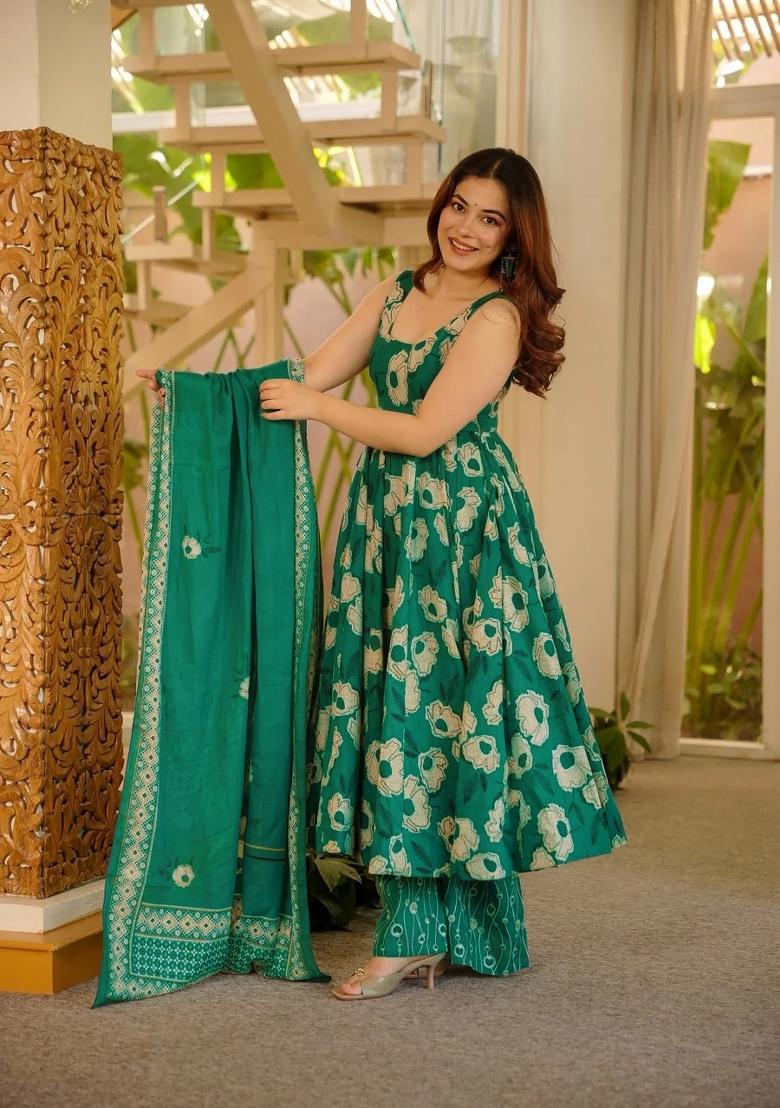 Green Printed Muslin Kurta Set - Indya