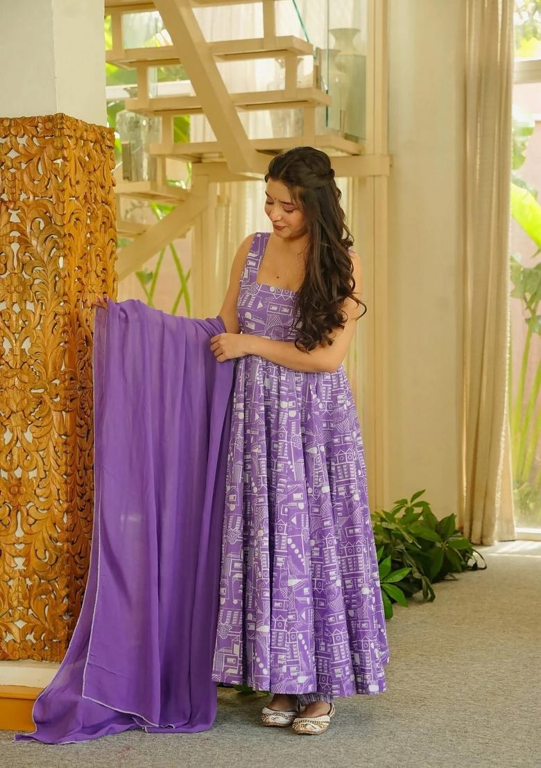 Light Purple Printed Muslin Kurta Set - Indya