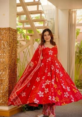Red Printed Muslin Kurta Set