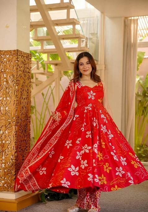 Red Printed Muslin Kurta Set