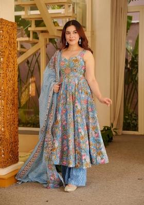 Blue Printed Muslin Kurta Set