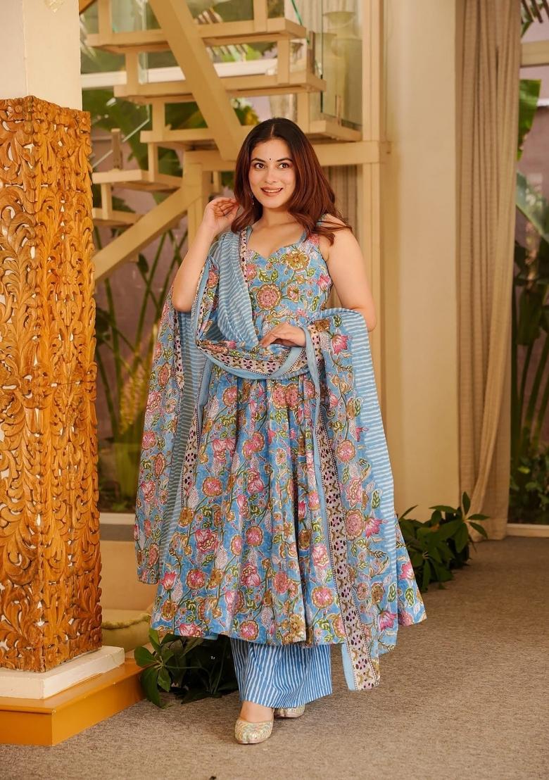 Blue Printed Muslin Kurta Set - Indya