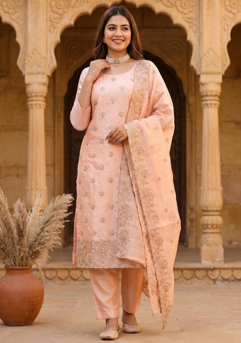 Peach Embroidered Jimmy Chu Kurta Set - Indya