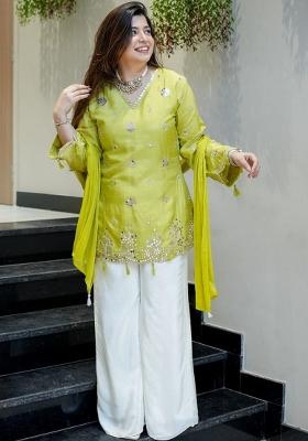 Lime Yellow Embroidered Silk Kurta Set