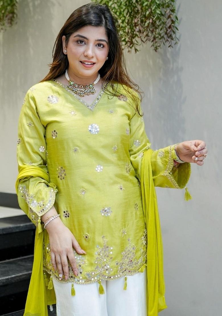 Lime Yellow Embroidered Silk Kurta Set - Indya