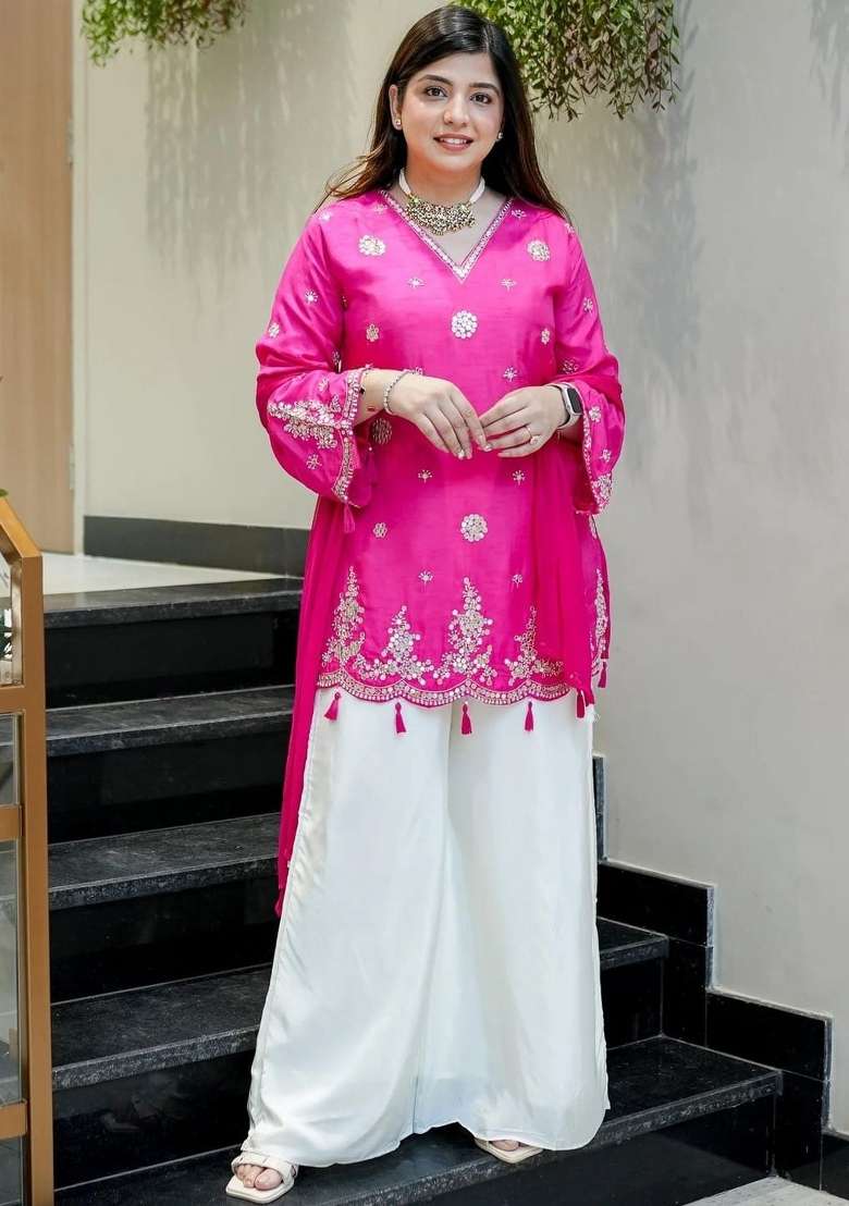 Rani Pink Embroidered Silk Kurta Set - Indya