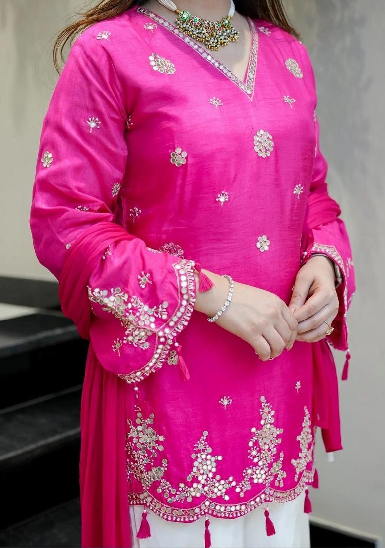 Rani Pink Embroidered Silk Kurta Set - Indya