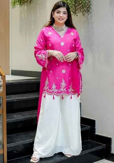 Rani Pink Embroidered Silk Kurta Set