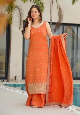 Orange Embroidered Chinon Kurta Set