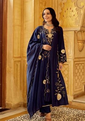 Navy Blue Embroidered Chanderi Kurta Set