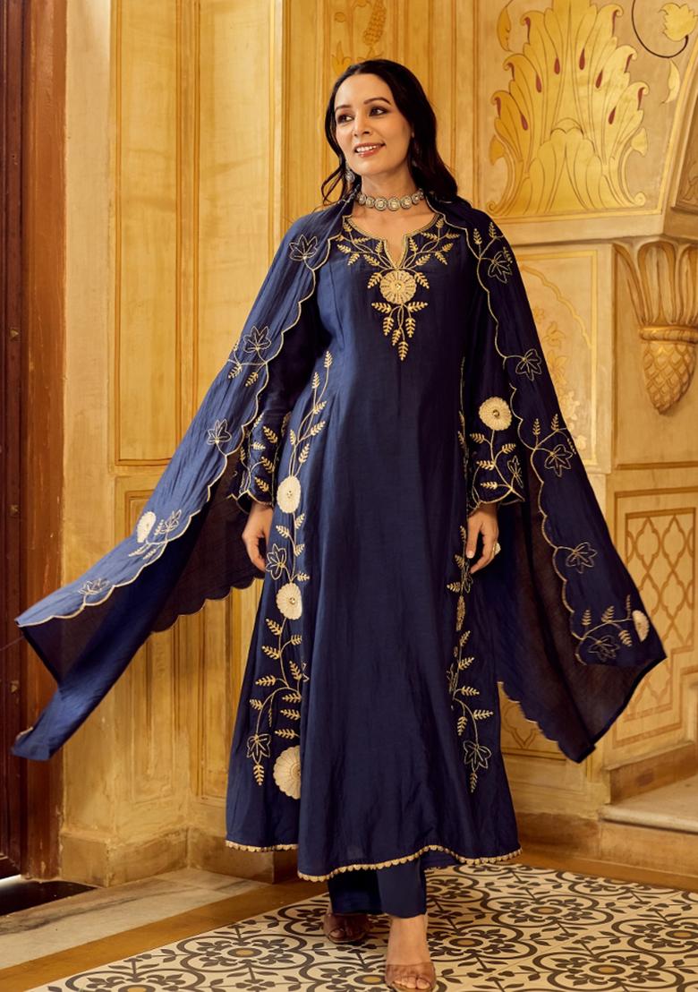 Navy Blue Embroidered Chanderi Kurta Set - Indya