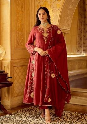 Maroon Embroidered Chanderi Kurta Set