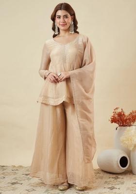 Nude Embroidered Silk Kurta Set
