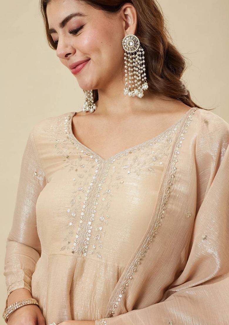 Nude Embroidered Silk Kurta Set - Indya