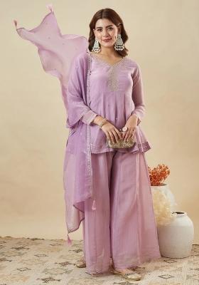 Lilac Embroidered Silk Kurta Set
