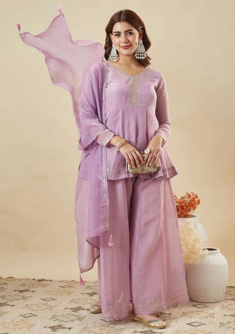 Lilac Embroidered Silk Kurta Set - Indya