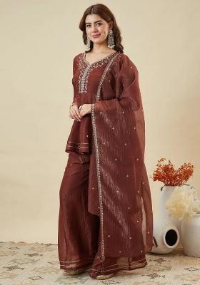 Brown Embroidered Silk Kurta Set