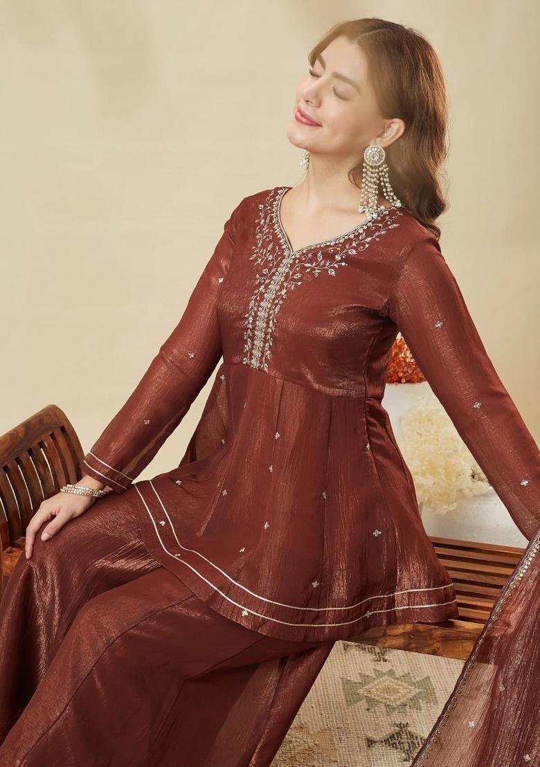 Brown Embroidered Silk Kurta Set - Indya