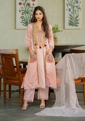 Pink Embroidered Silk Kurta Set