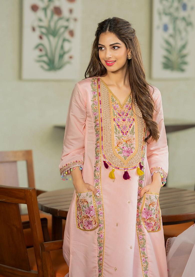 Pink Embroidered Silk Kurta Set - Indya