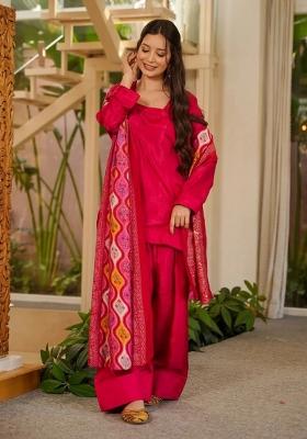 Red Solid Silk Kurta Set