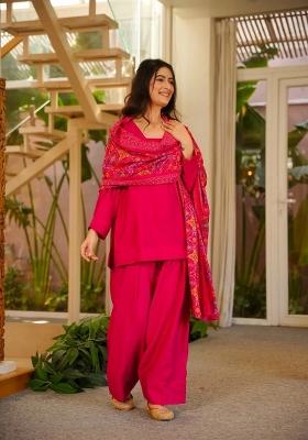 Rani Pink Solid Silk Kurta Set