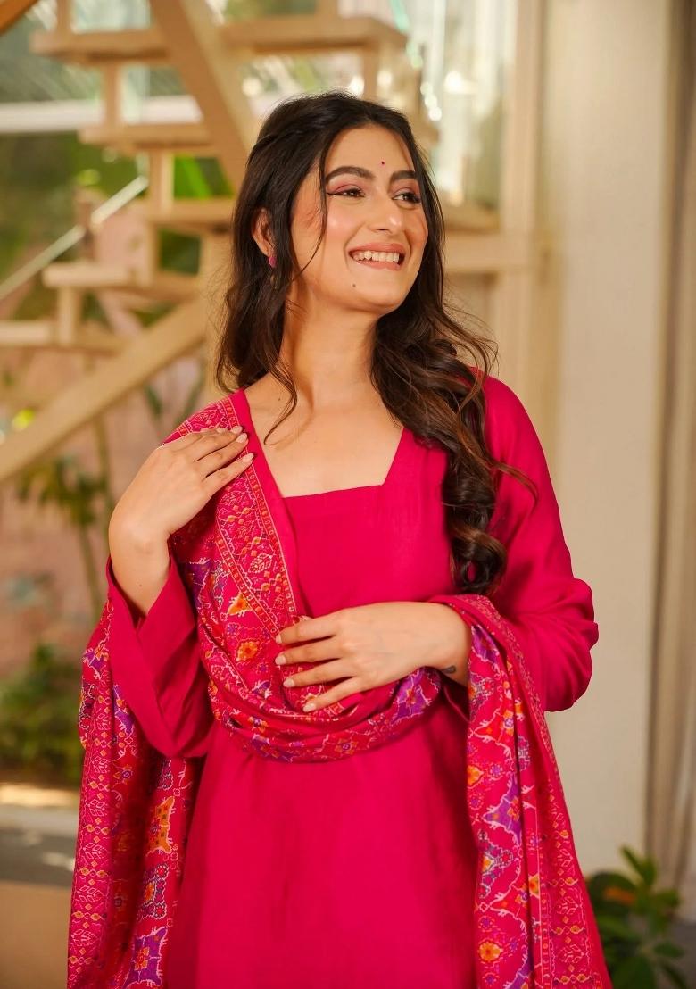 Rani Pink Solid Silk Kurta Set - Indya