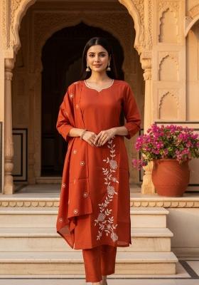 Rust Solid Cotton Kurta Set