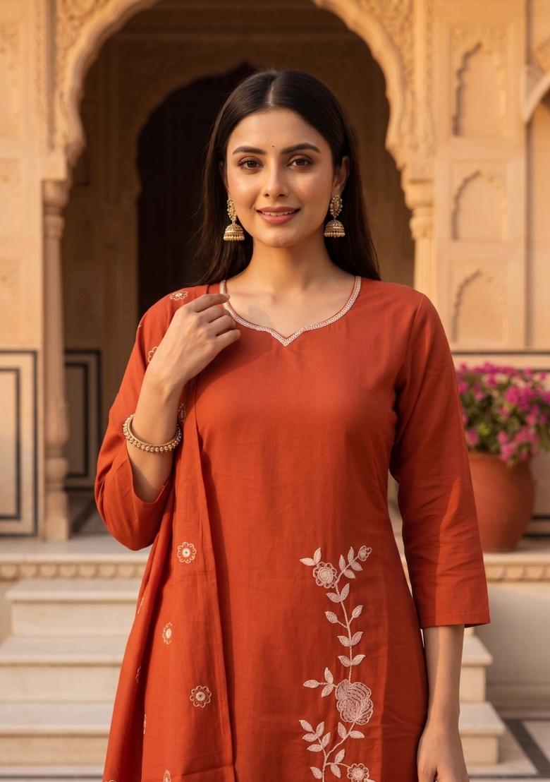 Rust Solid Cotton Kurta Set - Indya