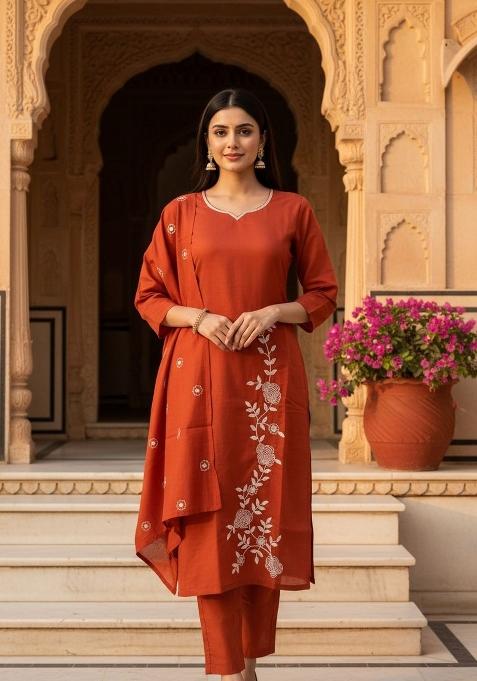 Rust Solid Cotton Kurta Set