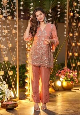 Peach Solid Silk Kurta Set