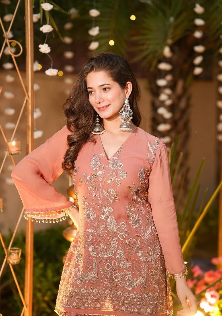 Peach Solid Silk Kurta Set - Indya