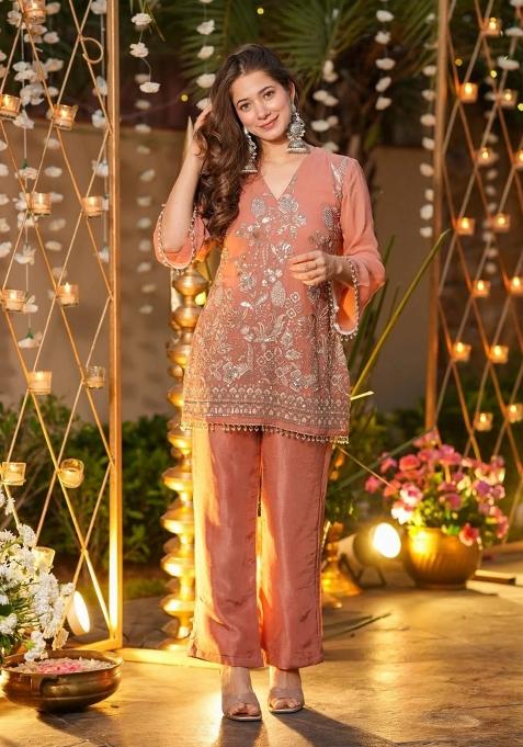 Peach Solid Silk Kurta Set