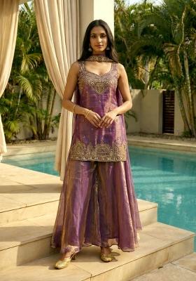 Lavender Embroidered Satin Kurta Set