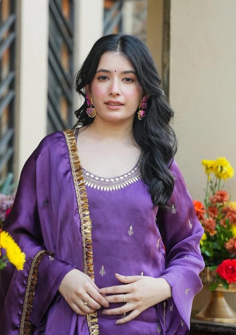 Purple Embroidered Silk Kurta Set - Indya