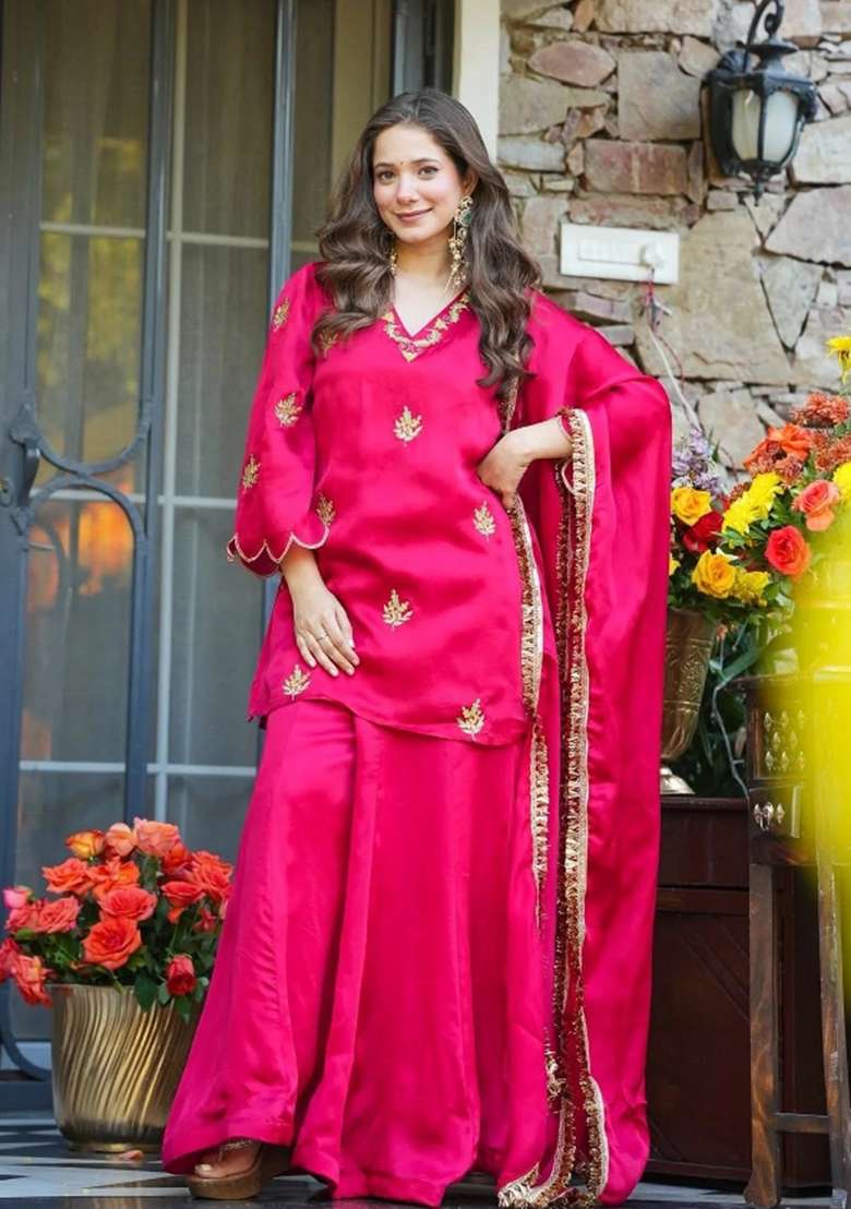 Rani Pink Embroidered Silk Kurta Set - Indya