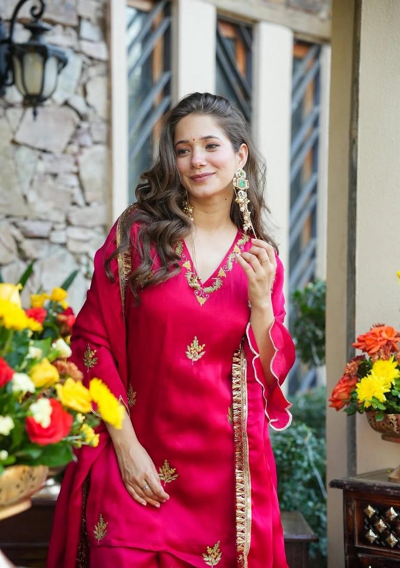 Rani Pink Embroidered Silk Kurta Set - Indya