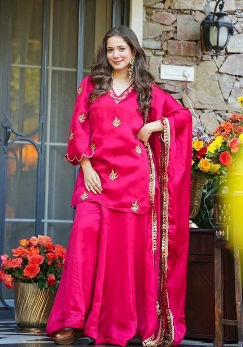Rani Pink Embroidered Silk Kurta Set