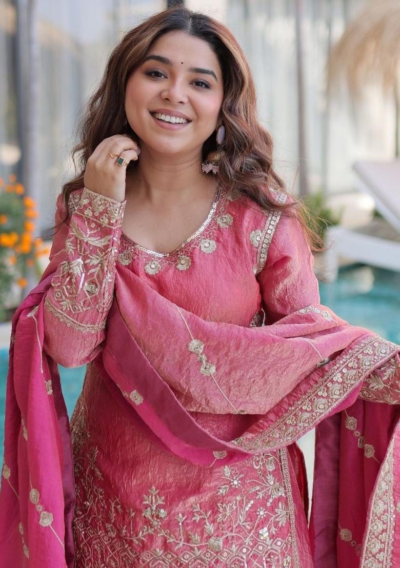 Pink Embroidered Silk Kurta Set - Indya