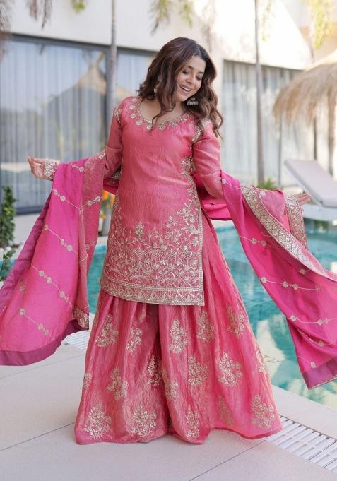 Pink Embroidered Silk Kurta Set