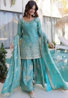 Blue Embroidered Silk Kurta Set