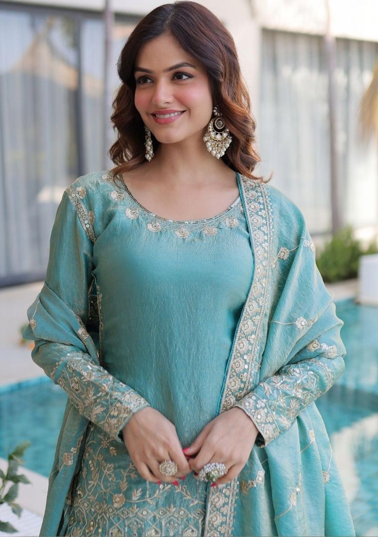 Blue Embroidered Silk Kurta Set - Indya
