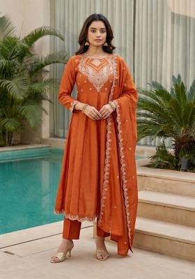 Orange Embroidered Vichitra Kurta Set