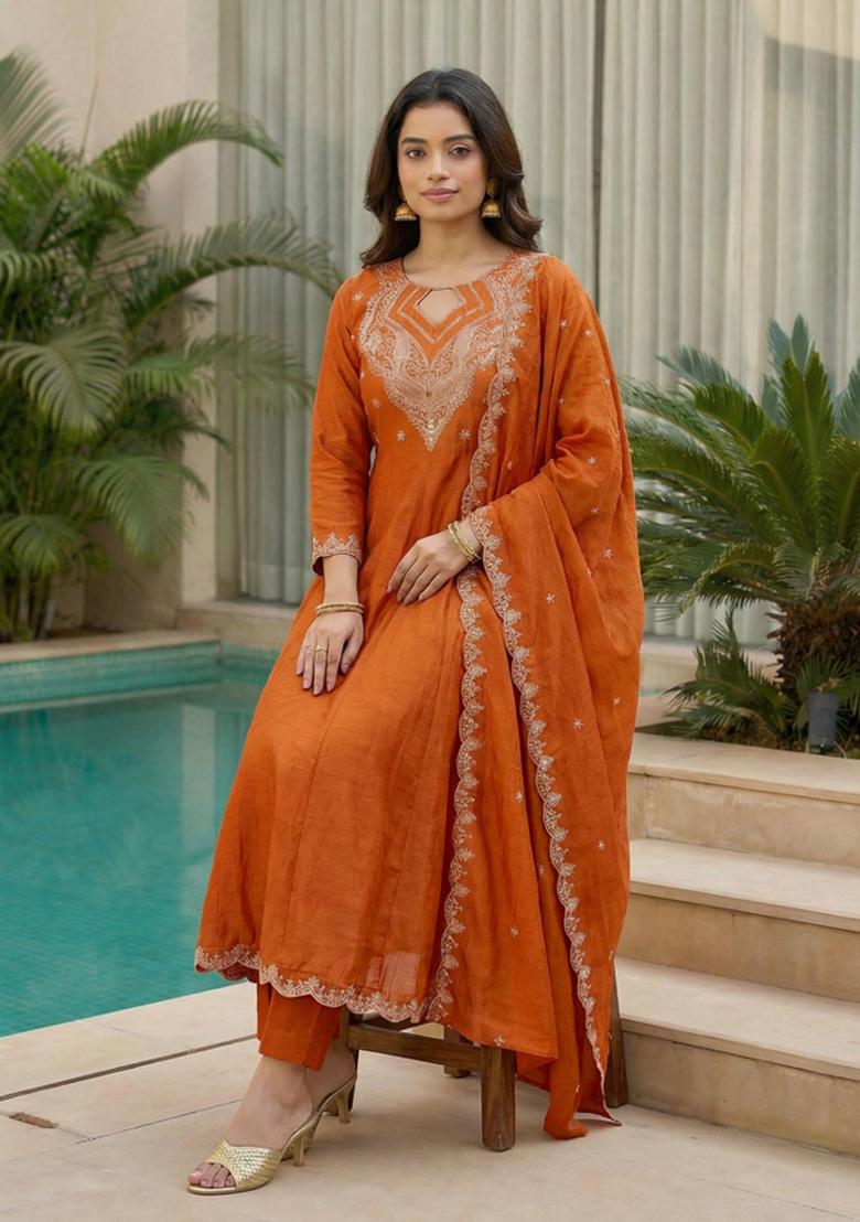 Orange Embroidered Vichitra Kurta Set - Indya